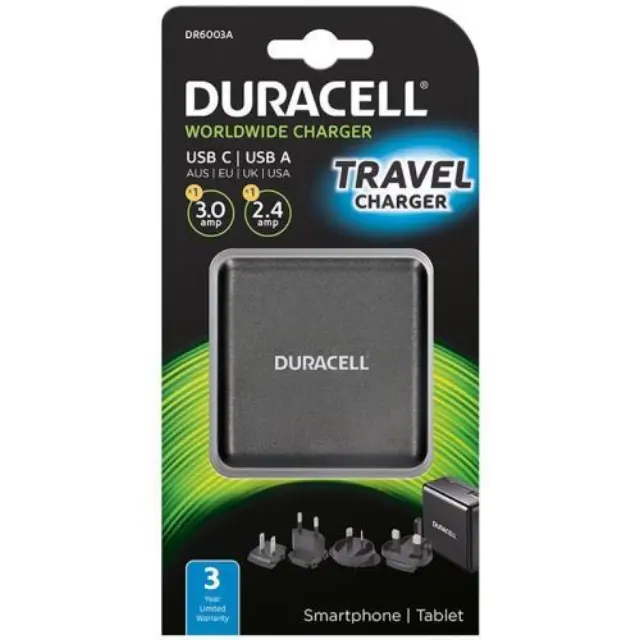 Φορτιστής Ταξιδίου Duracell Worldwide EU/UK/US/AU με Έδοδο USB A & USB C 5.4A Μαύρο - DR6003A N32388