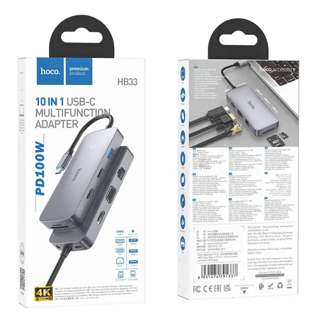 Hub USB-C Hoco HB33 Easy 10-in-1 με HDMI 4K USB-C PD100W USB3.0 2xUSB SD Micro-SD RJ45 VGA and 3.5mm Γκρι 18cm 2