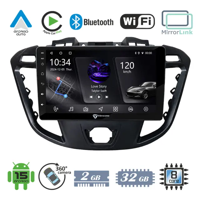 VenCore Οθόνη Multimedia Android 15 9" PX5S Octa-Core 2GB/32GB IPS με Πρόσοψη, CarPlay, Android Auto και Υποστήριξη Κάμερας 360° για Ford Transit Custom/Tourneo Custom 2013-2018 – Μαύρη (3236-10005-0680B)