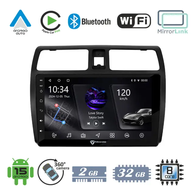VenCore Οθόνη Multimedia Android 15 10.1" PX5S Octa-Core 2GB/32GB IPS με Πρόσοψη, CarPlay, Android Auto και Υποστήριξη Κάμερας 360° για Suzuki Swift 2005-2010 – Μαύρη (3236-10006-0255B)