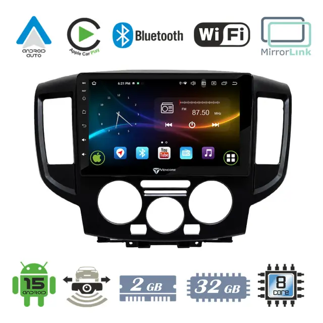 VenCore Οθόνη Multimedia Android 15 9" 9109A MTK6762 Octa-Core 2GB/32GB IPS με Πρόσοψη, CarPlay, Android Auto και Υποστήριξη Κάμερας Οπισθοπορείας AHD για Nissan NV200 2009-2019 – Μαύρη (3236-10007-0391B)