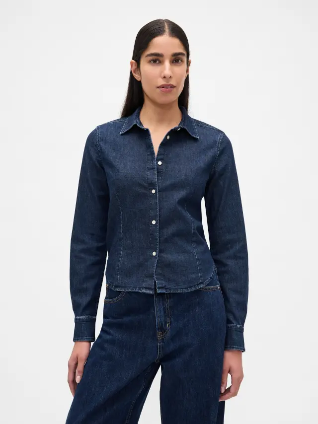 Denim Fitted Crop Πουκάμισο Dark wash - XS