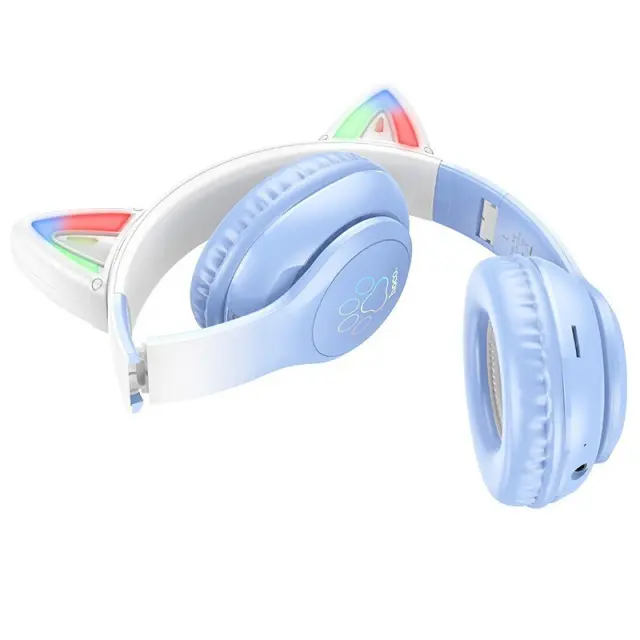 Wireless Ακουστικά Stereo Hoco W42 Cat Ears 400mAh MicroSD και AUX Crystal Blue 2