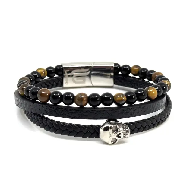 Μαύρο Δερμάτινο Βραχιόλι Tiger Eye Skull