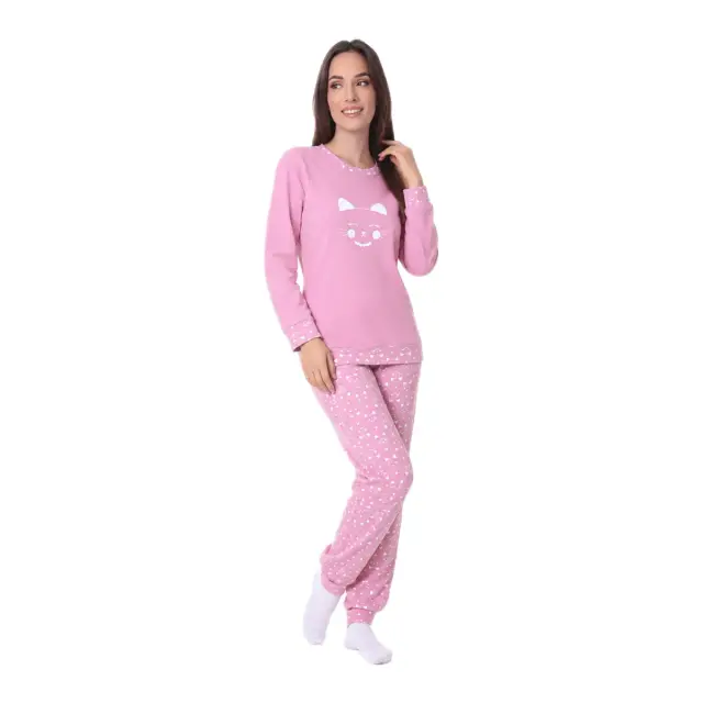Lydia Creations Γυναικεία Πυτζάμα Happy Cat, Χρώμα Ροζ 3
