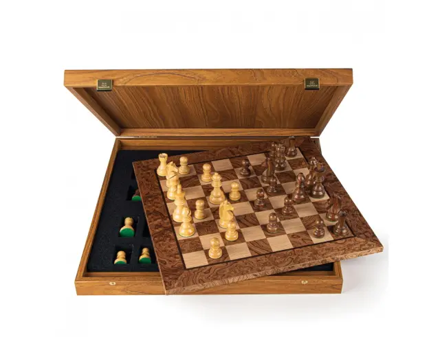 Σετ Χειροποίητο Σκάκι Wooden Chess Manopoulos από Ξύλο, με πιόνια Staunton, θήκη αποθήκευσης και διαστάσεις 50x50cm - Walnut BurlSW43B50J 2