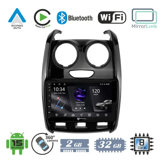 VenCore Οθόνη Multimedia Android 15 9" PX5S Octa-Core 2GB/32GB IPS με Πρόσοψη, CarPlay, Android Auto και Υποστήριξη Κάμερας 360° για Dacia Duster 2014-2018 – Μαύρη (3236-10005-0430B)