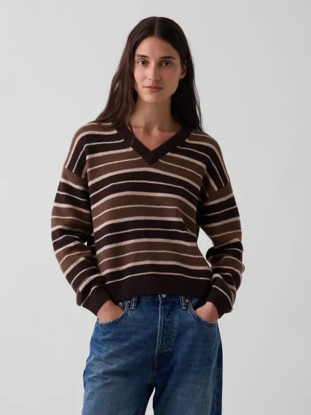 Γυναικείο Πουλόβερ CashSoft σε Oversized Γραμμή με V-Λαιμόκοψη Brown stripe