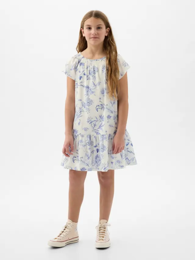 Μπλε Παιδικό Φλοράλ Tiered Φόρεμα white blue floral - XS