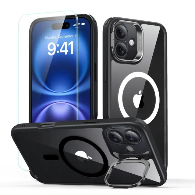 Esr Classic Hybrid Kickstand Halolock Magsafe & Tempered Glass Iphone 16 Clear/black