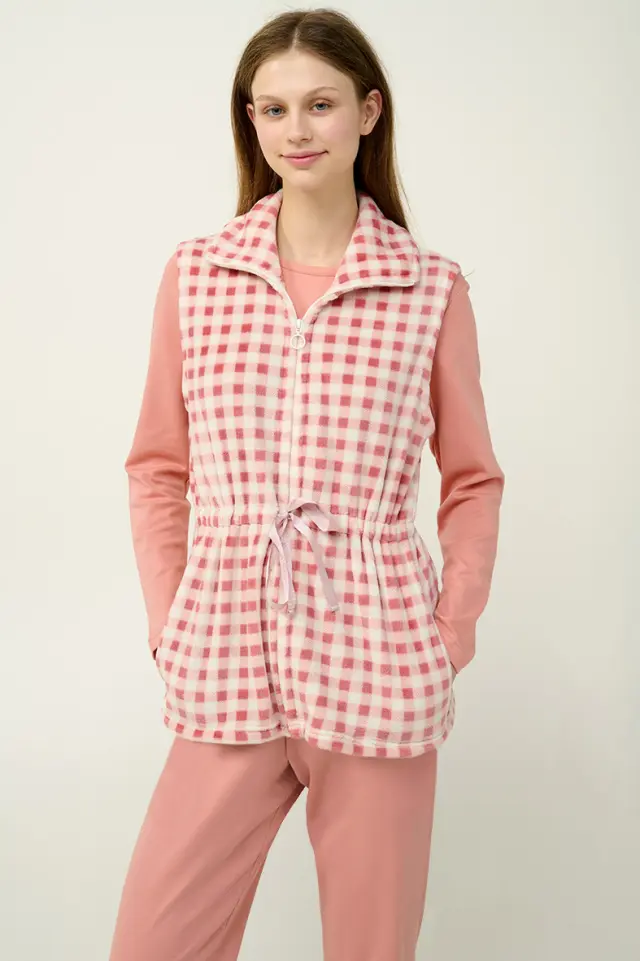 Γυναικείο Καρό Fleece Γιλέκο Vamp 23325 PINK TAN - S