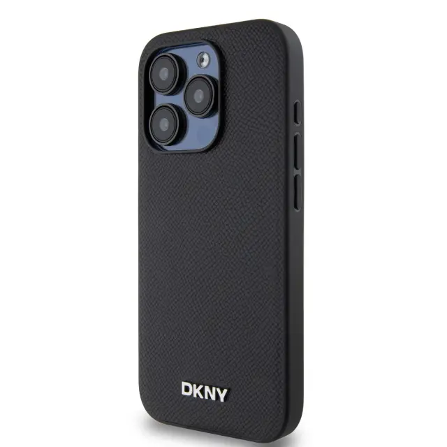 DKNY PU Leather Silver Metal Logo Magsafe Case for iPhone 15 Pro Black 3