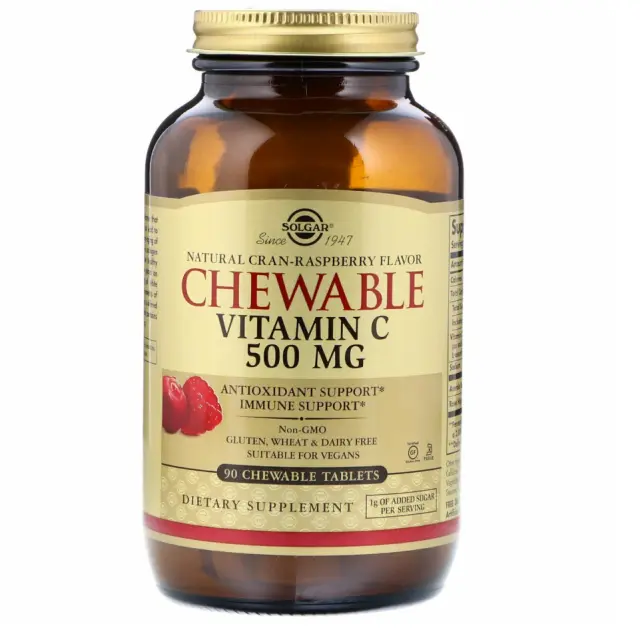 Solgar Chewable Vitamin C 500mg Raspberry Βιταμίνη C Για Ενίσχυση Ανοσοποιητικού + Αντιμετώπιση Κρυολογήματος 90 μασώμενες ταμπλέτες