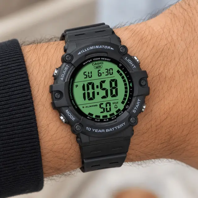 Ανδρικό Ψηφιακό Ρολόι Casio Illuminator 11-AE-1500WHC-1AVEF Μαύρο με Πράσινη Οθόνη 2