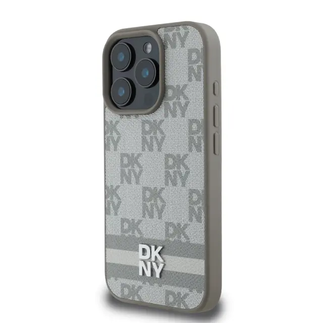 DKNY PU Leather Checkered Pattern and Stripe Case for iPhone 16 Pro Beige 3