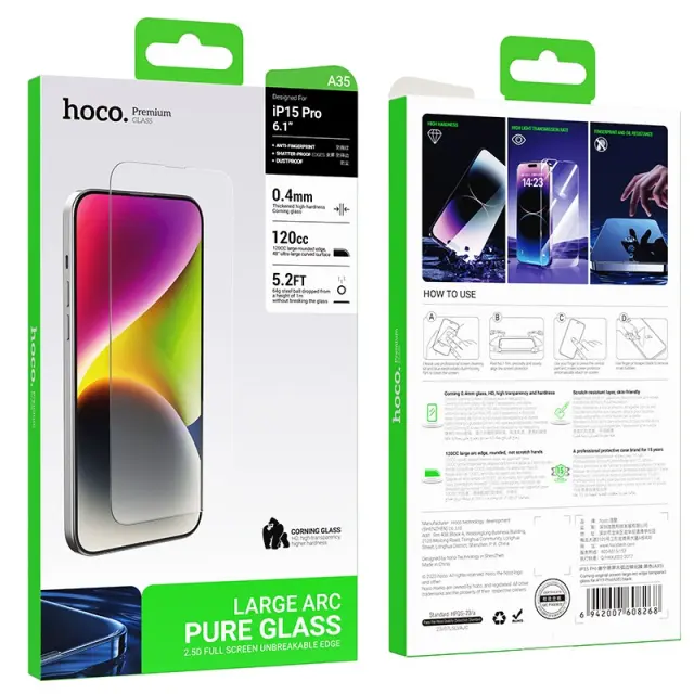 Tempered Glass Hoco Premium Series A35 120CC Large Arc Dustproof 0.4mm 2.5D Anti-Fall για Apple iPhone 15 Pro 2