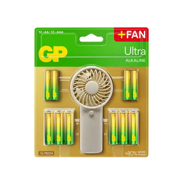 GP - Ultra Alkaline 12xAA + 12xAAA batteries + hand fan - Electronics