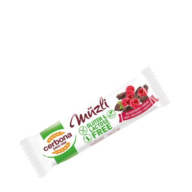 Cerbona Gluten Free Dark Chocolate- Raspberry Muesli Bar With Cocoa Coating