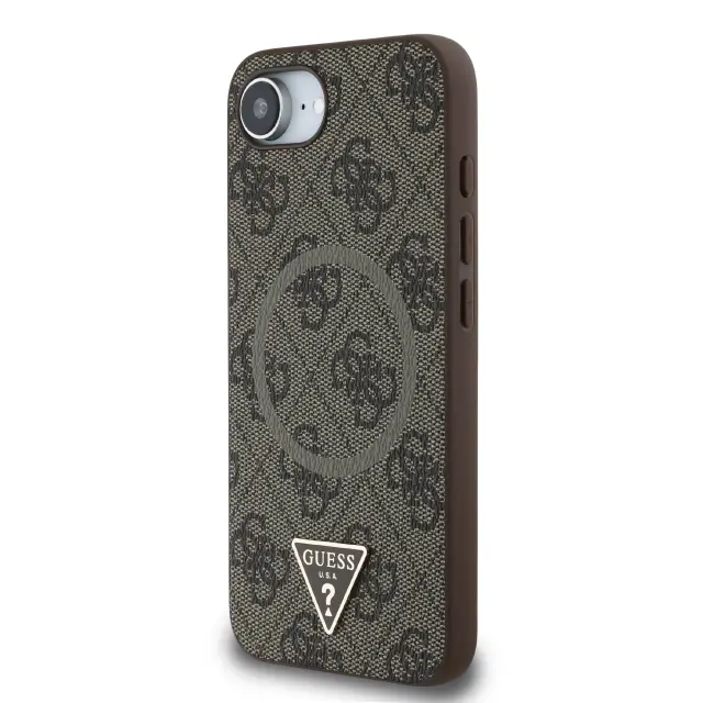 Guess PU 4G Strass Triangle Metal Logo MagSafe Case for iPhone 16e/17e Brown 2