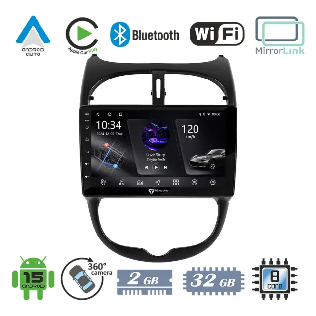 VenCore Οθόνη Multimedia Android 15 9" PX5S Octa-Core 2GB/32GB IPS με Πρόσοψη, CarPlay, Android Auto και Υποστήριξη Κάμερας 360° για Peugeot 206 1998-2006 – Μαύρη (3236-10005-0540B)