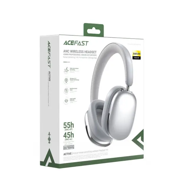 Wireless Ακουστικά Stereo Acefast H9 500mAh v5.4 30dB ANC με Μικρόφωνο και Πλήκτρο Λειτουργιών Ασημί 2