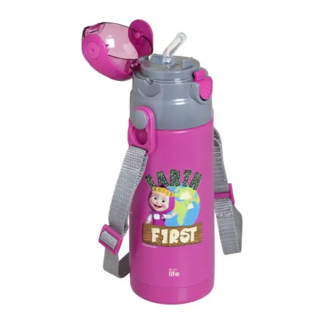 Ανοξείδωτο Παγούρι Θερμός με Καλαμάκι 400ml Ecolife Kids Thermos Masha Earth First Magenta 33-BO-2120 2