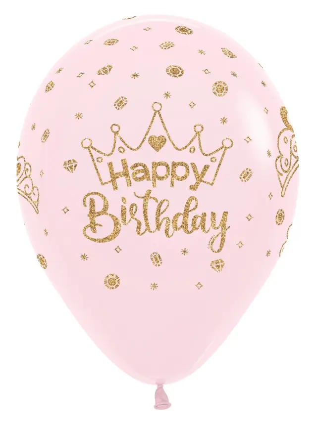 Μπαλόνια Λάτεξ Happy Birthday Crowns Glitter Ink Pastel Matte Pink - Ροζ / 25 τμχ - Κορόνα