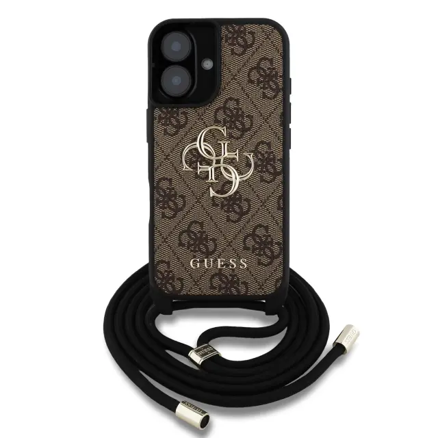 Guess PU 4G Metal Logo Crossbody Strap Case for iPhone 16 Brown 2