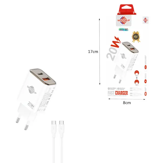 Wisdomup Φορτιστής Ταχείας Φόρτισης 20W USB & Type C με Καλώδιο Type C σε Type C OCD-28T – Fast Charger USB & Type C with Type C to Type C Cable 166214 2