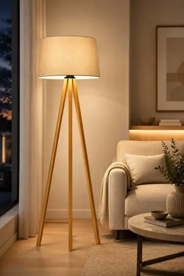 Stewehome Ξύλινο φωτιστικό δαπέδου με ύφασμα και κρεμ καπέλο τριπόδι Κρεμ 3