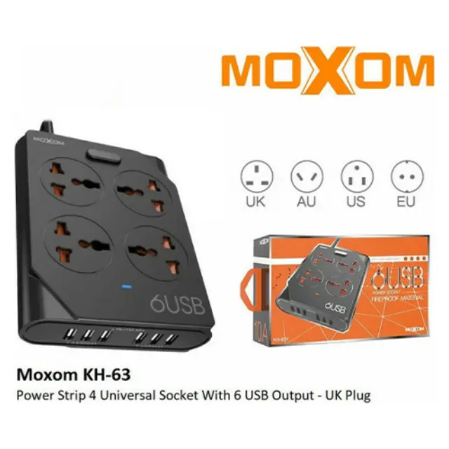 Moxom KH-63Y Πολύπριζο 4 Θέσεων με 6 USB και Καλώδιο 1.5m 2