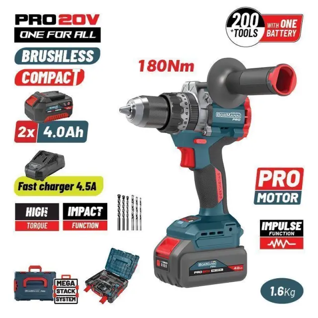 Bormann Pro BBP5461X44CA - Δραπανοκατσάβιδο Κρουστικό, Compact, Brushless Mπαταρίας 20V, Li-Ion με 2 Μπαταρίες 4.0Ah (2x4.0Ah) + Ταχυφορτιστή 4.5A (085201)