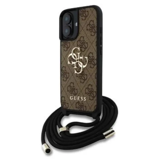 Guess PU 4G Metal Logo Crossbody Strap Case for iPhone 16 Brown
