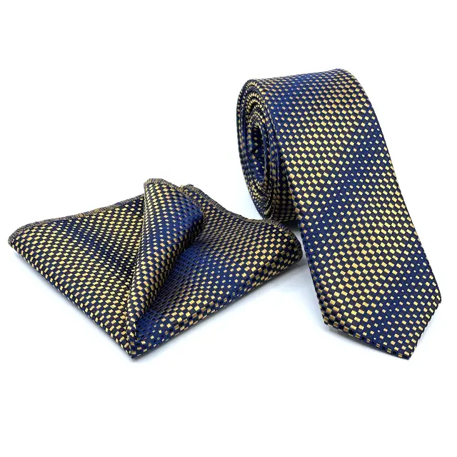 Χρυσαφί - Μπλε Σχεδιαστική Γραβάτα Microfiber Σετ με Μαντήλι