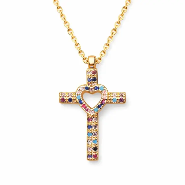 Ghetto Colourful CZ Cross 18k Pendant Necklace Full Diamond Hollow Heart