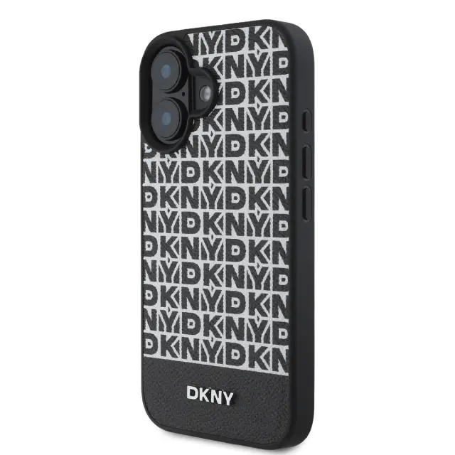 DKNY PU Leather Repeat Pattern Bottom Stripe MagSafe Case for iPhone 16 Plus Black 3