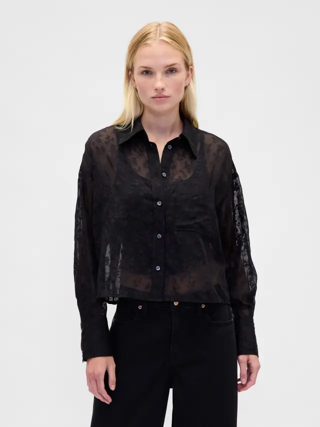 Διάφανο Straight-Hem Κοντό Πουκάμισο Black floral