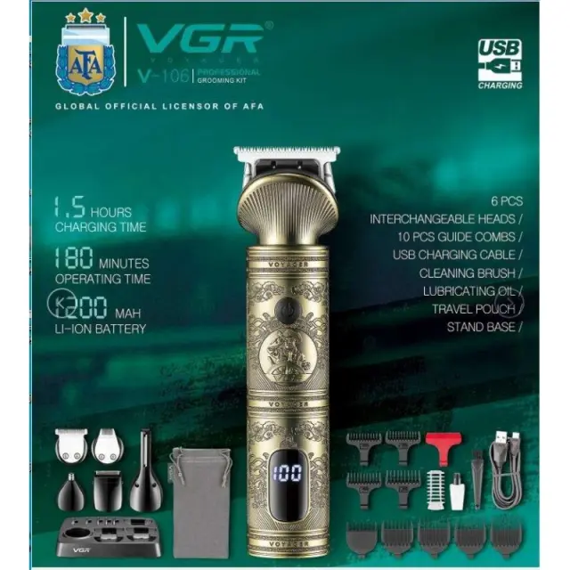 VGR 6in1 Grooming Kit Επαναφορτιζόμενη Κουρευτική Μηχανή Χρυσή V-106