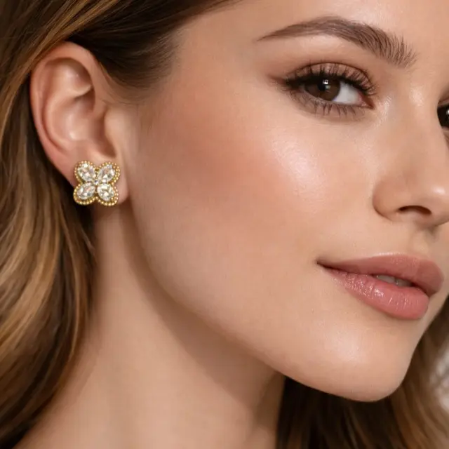 Ghetto Gold Crystal Flower Stud Earrings | Stainless Steel 2