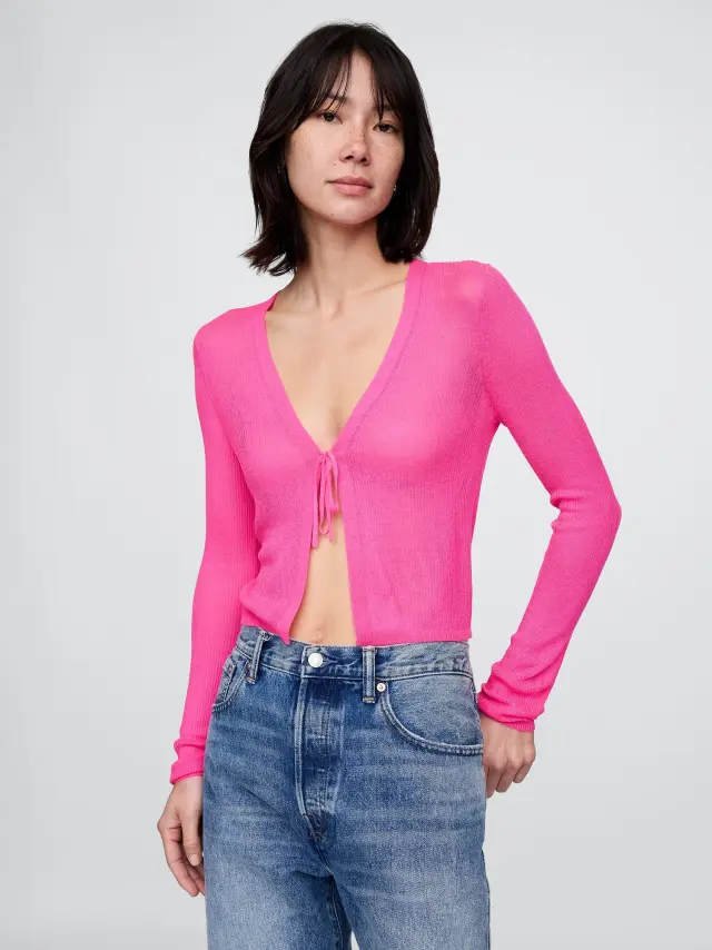Διάφανη Rib Cropped Tie-Front Ζακέτα Phoebe pink
