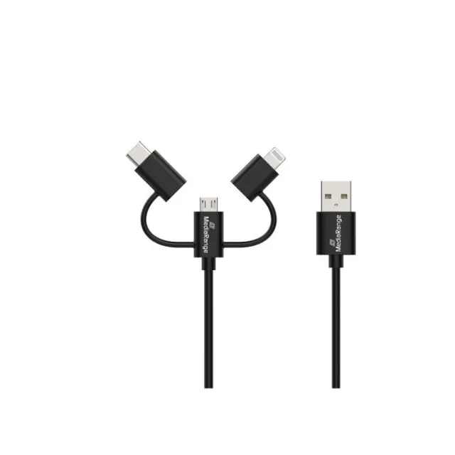 MediaRange 3-in-1 Charge and Sync Cable, micro USB, USB Type-C® and Apple Lightning® Connectors, USB 2.0 480 Mbps, 12W max., 1.0m, Black (MRCS246)