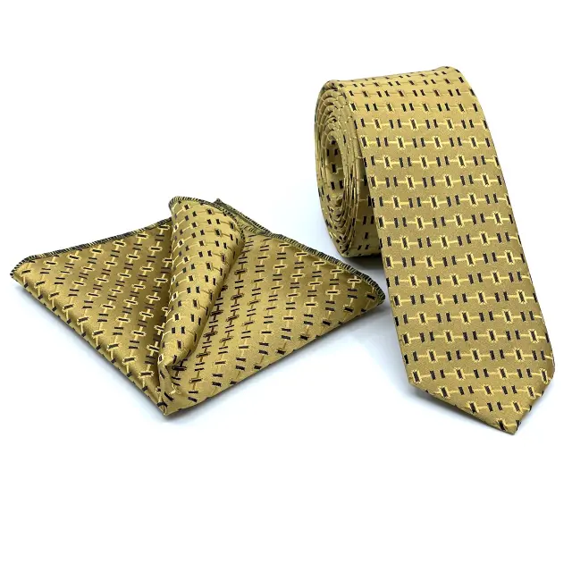 Γραβάτα Microfiber σε Χρυσαφί Μοτίβο Σετ με Μαντηλάκι