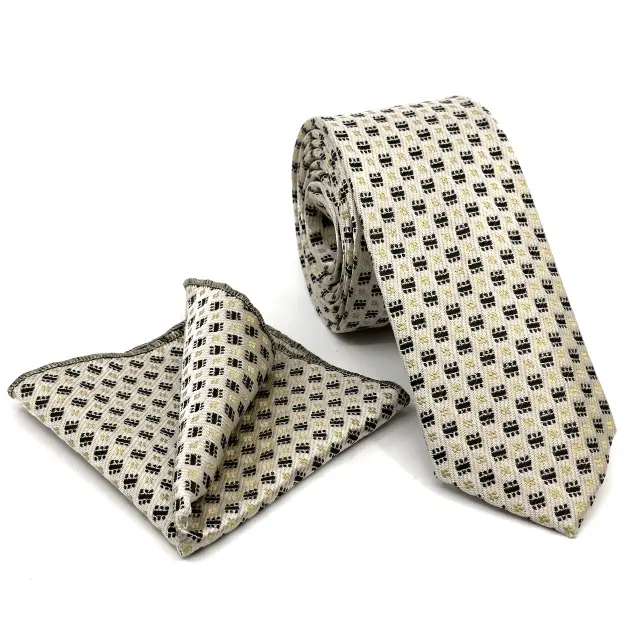 Σχεδιαστική Γραβάτα Microfiber Μπεζ Σετ με Μαντηλάκι
