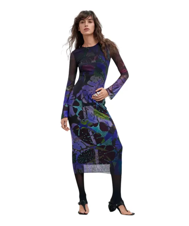 Desigual - Γυναικείο Μακρύ Τούλινο Φόρεμα Leafs 26WWVW24-4092 Μπλε/Μωβ 3