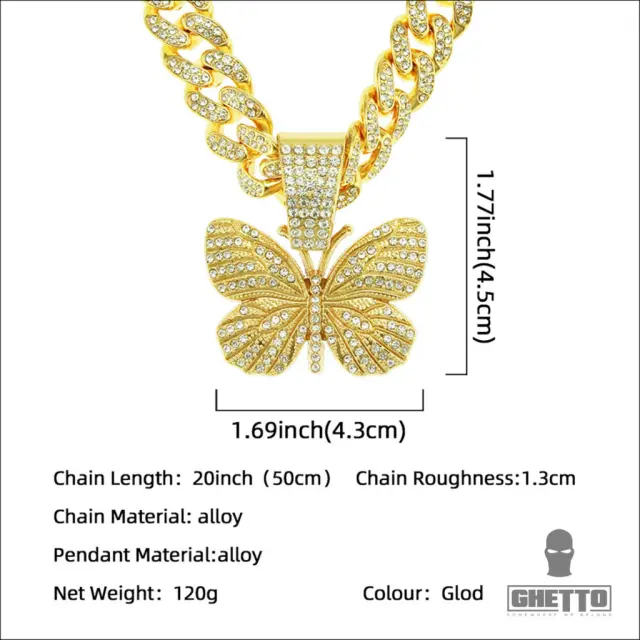 Ghetto Hip Hop Big Butterfly Pendant Necklace Rhinestone Cuban Link Chain 3