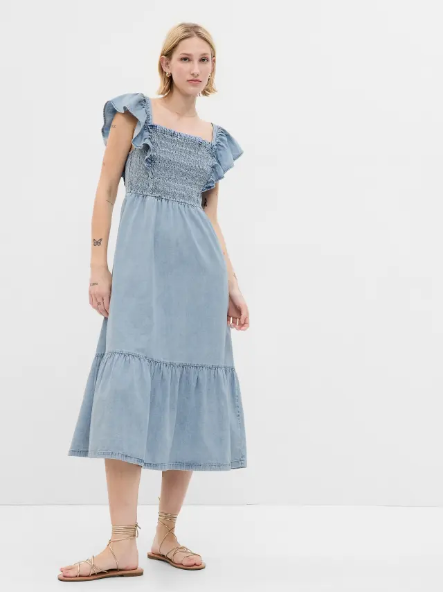 Μπλε Smocked Flutter Sleeve Denim Midi Φόρεμα με Washwell light wash - XS