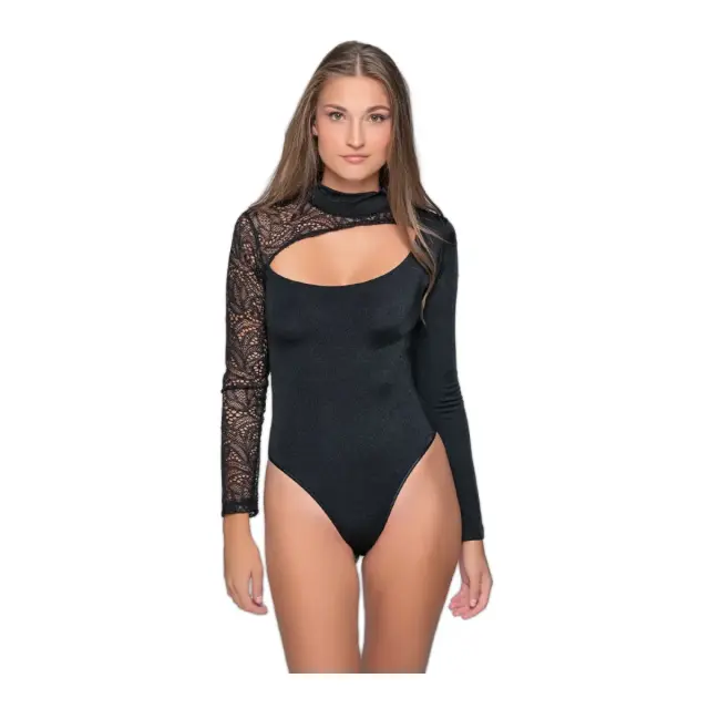 Milena Γυναικείο Κορμάκι Lycra Δαντέλα Λέζα Μανίκι, Χρώμα Μαύρο