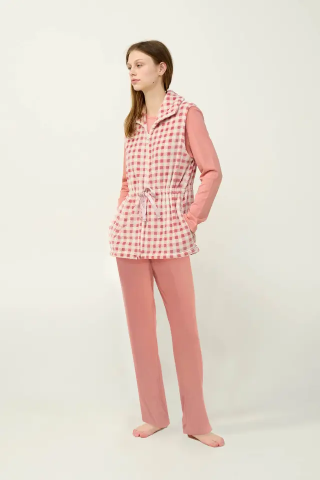 Γυναικείο Καρό Fleece Γιλέκο Vamp 23325 PINK TAN 3