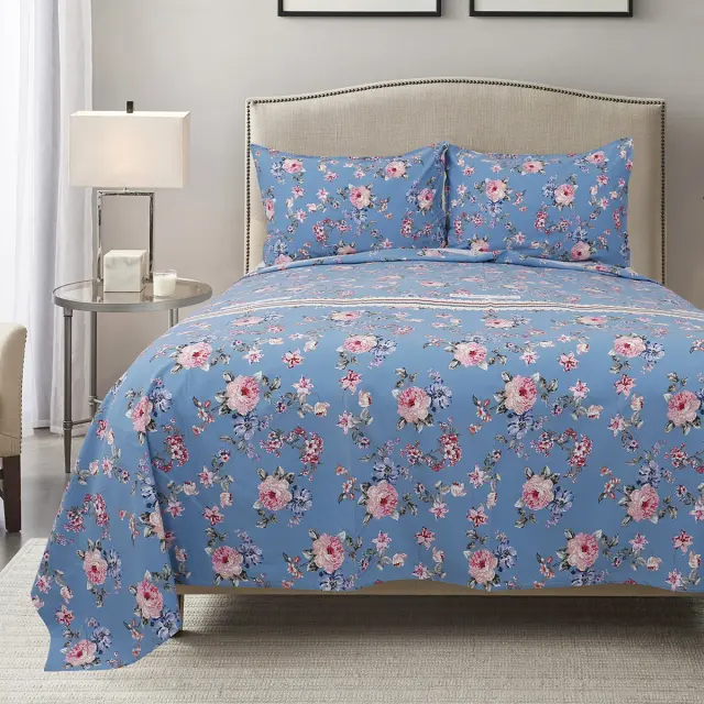 Σετ Σεντόνια 230x260 Υπέρδιπλα Beauty Home Sheraton Art 12003 Μπλε Χωρίς Λάστιχο100% Βαμβακοσατέν