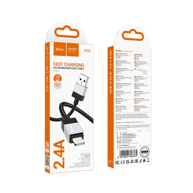 Καλώδιο Hoco X110 Honorific USB-A σε Lightning 2.4A Braided Μαύρο 1m 2